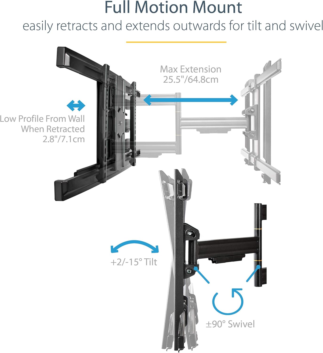 StarTech.com TV Wall Mount for up to 80 inch (110lb) VESA Mount Displays, Low Profile Full Motion Universal TV Wall Mount - Image 4