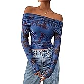 PRETTYGARDEN Womens Tops 2026 Spring Off The Shoulder Long Sleeve Fitted Y2k Shirts Floral Ruched Mesh Going Out Outfits