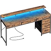 Huuger Gaming Desk with 6 Drawers, Computer Desk with LED Lights Power Outlets and Type-C, 55 Inch Office Desk with Storage, Monitor Stand, Writing Desk Work Desk for Home Office, Study, Rustic Brown