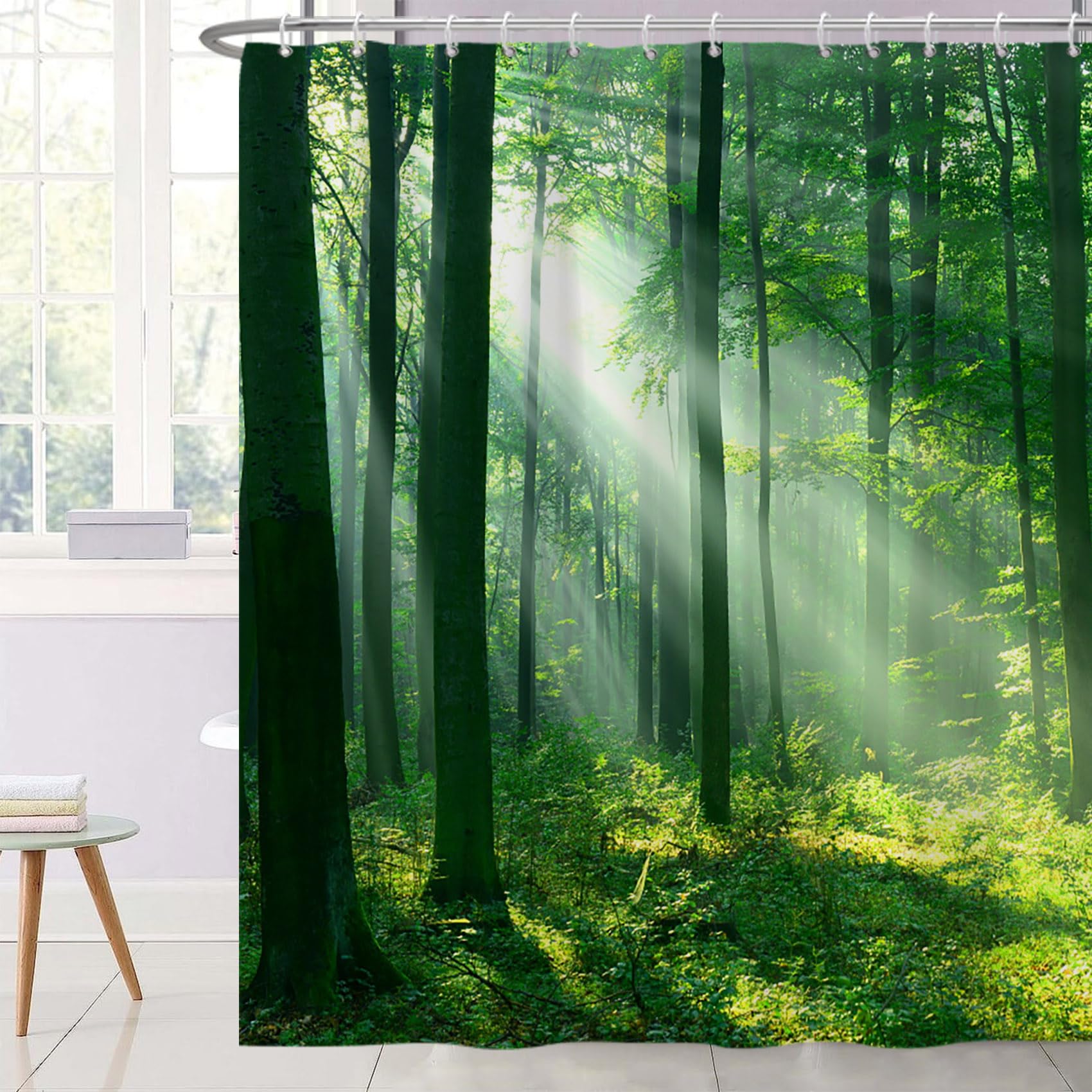 Ttincceer Green Forests Shower Curtain 71x71inch RainForests Sunshine Woodland at Sunrise Morning Bathroom Curtain Nature Scenery Mould Proof Resistant Shower Curtain Set — image 1