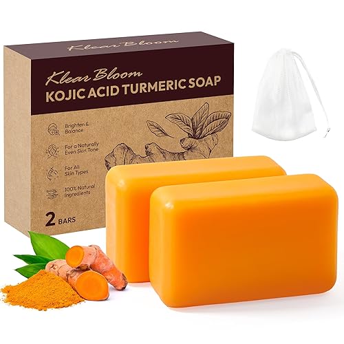 KlearBloom Kojic Acid Soap, Turmeric Soap Bar for Dark Spots Brightening & Moisturizing with Collagen, Vitamin E, Retinol, Hyaluronic Acid, Shea Butter, Paraben & Sulfate-Free 105g x 2 Bars