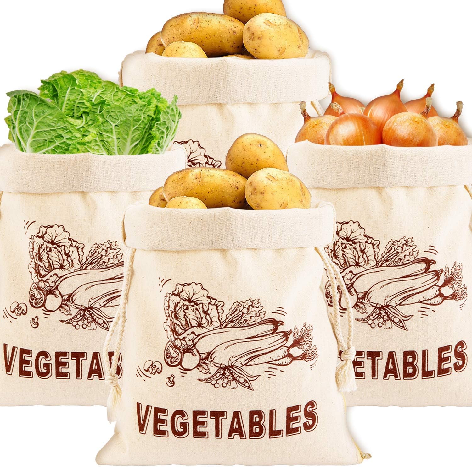 Whaline Reusable Muslin Shopping Bags Eco Friendly Drawstring Bags for Plant Food Storage 30 x 15 Inches, Pack of 4