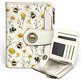 Icycay Floral Bee Small Wallet Women RFID Blocking Bifold, Credit Card Holder, Zipper Coin Pocket, PU Leather, Cute, Compact, Travel, 4 ID Window, 14 Card Slots, Cash Purse, Ladies Woman Female Girls