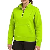 URBAN BUCK Womens Fleece Lined Hoodie High Visibility - Long Sleeves Arryn Quarter Zip Up - Neon Green Oversize Pullover Sweatshirt Top (XL)