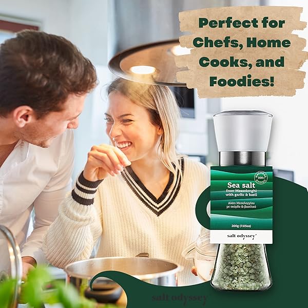 SALT ODYSSEY GRINDER SALT, PURE SEA SALT FOR SEASONING MEAT, FISH AND CHICKEN, 100% NATURAL SEA SALT FROM GREECE, GOURMET SEA SALT WITH GARLIC & BASIL MILL GRINDER (7.05 OZ.)