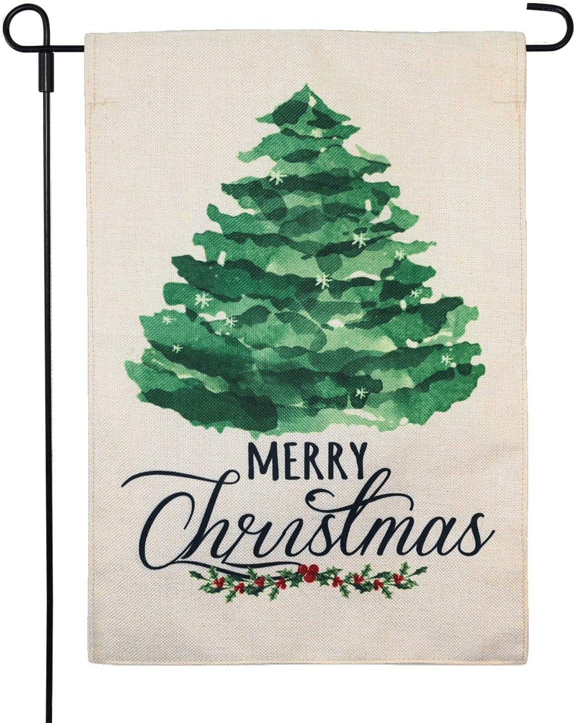 LAYOER Burlap Merry Christmas Tree Garden Flag 12.5 x 18 Inch Home Yard Xmas Happy New Year Winter Decorative