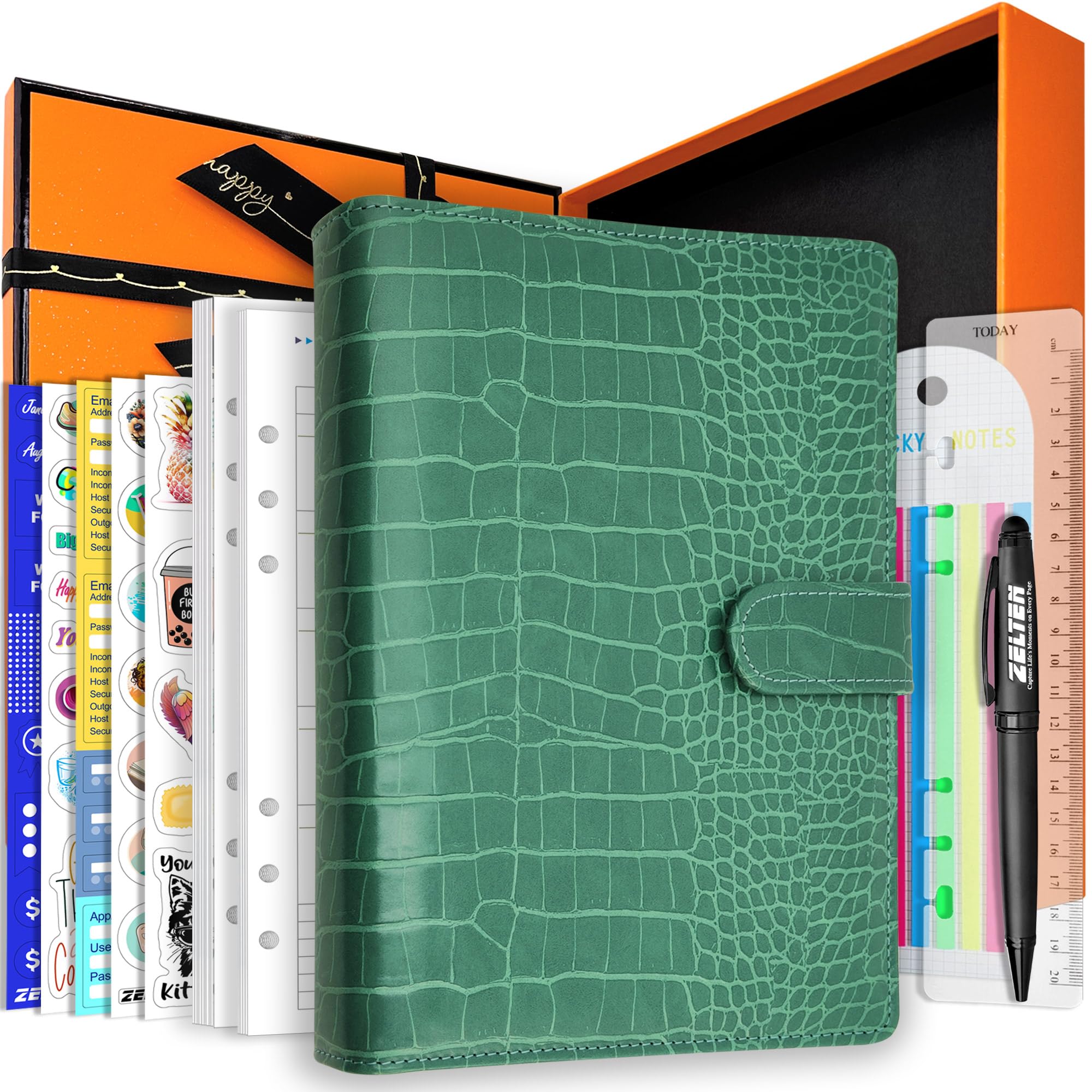 Zelten PU Leather Personal Notebook Planner with 67 Pages Loose-Leaf Papers 6 Holes Ring Binder Pen Holder Magnetic Buckle (Green Faux Crocodile Texture,A5 Gift Box)