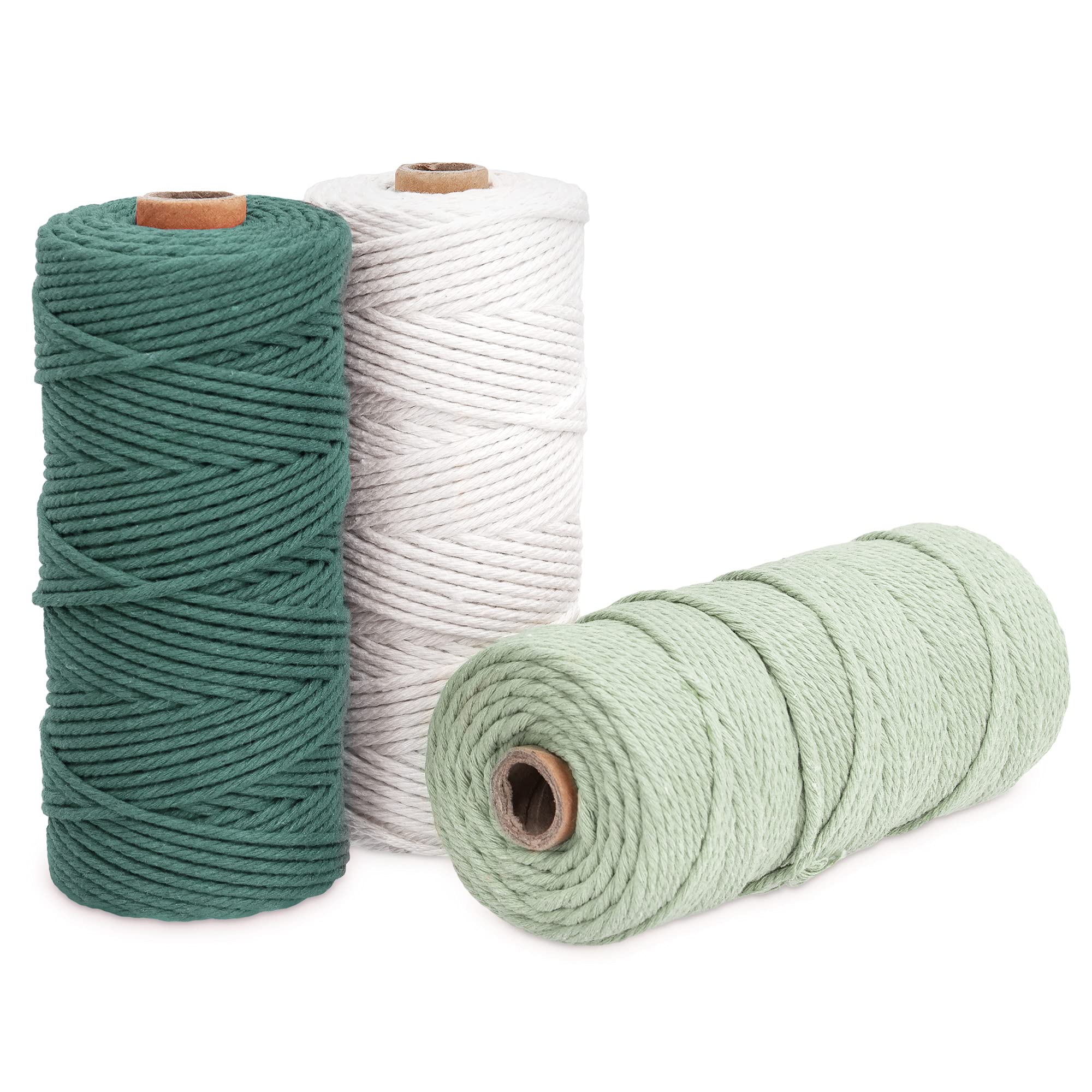 Navaris Macrame Cord 3mm x 100m (Set of 3 Reels) - Rope Made of 100% Natural Cotton for Wall Hangings and Plant Hangers - Dark Green, Sage, Off-White