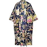 Pranipat Handicrafts Women Cotton Kimono Robe, Navy Blue Floral Print, Lightweight, Sleepwear, Long Beach Cover Up, Plus Size, One Size
