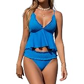 Beachsissi Womens Ruffle Swimsuits Two Piece Smocked Stringy Selvedge Tankini Set