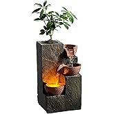 MSEONWXI Tabletop Indoor Water Fountain – 3-Tier Rock Waterfall Fountain with Warm LED Light and DIY Planting Pot – Relaxing 