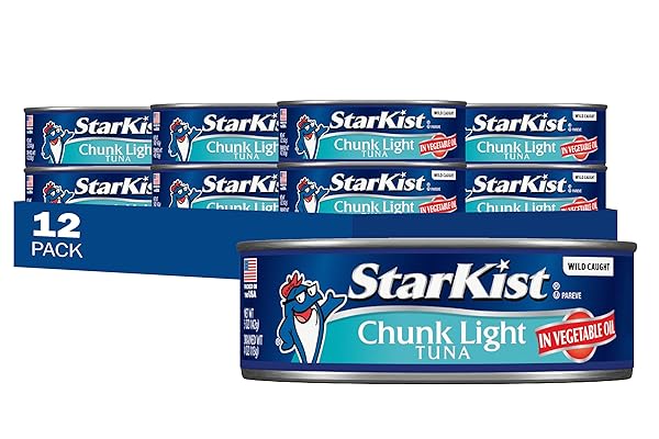 STARKIST CHUNK LIGHT TUNA IN OIL, 5 OZ (12 PACK) CANNED TUNA FISH, WILD CAUGHT, GLUTEN FREE, READY TO EAT, PERFECT FOR SALADS, KETO MEALS AND SNACKS, WITH 20G PROTEIN & 90 CALORIES PER SERVING