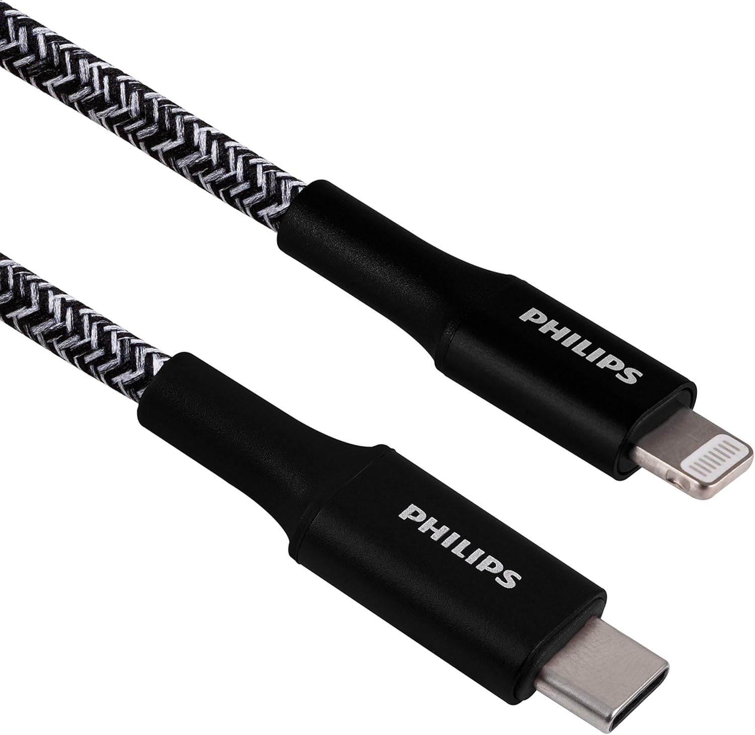 Philips USB-C to Lightning Cable, 6in, Braided Cord, Short, Fast Charge, Compatible with iPhone 12/11 Pro/X/8/8 Plus, iPad, Airpods, Black, 1 Pack, DLC5201BL/37