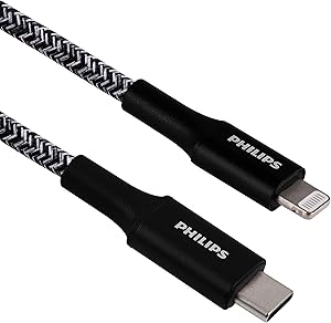 Philips USB-C to Lightning Cable, 6in, Braided Cord, Short, Fast Charge, Compatible with iPhone 12/11 Pro/X/8/8 Plus, iPad, Airpods, Black, 1 Pack, DLC5201BL/37