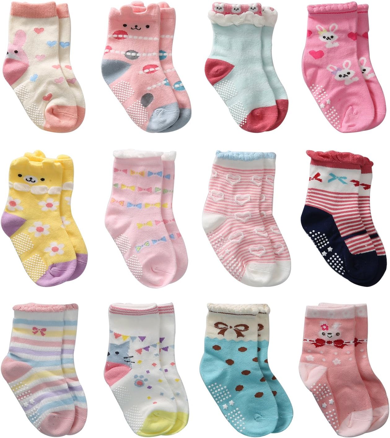 12 Pairs Toddler Girl Non Skid Socks Cute Cotton with Grips, Baby Girls Anti-skid Socks