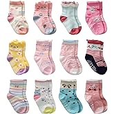 12 Pairs Toddler Girl Grip Socks - Non-Skid, Cotton Crew Socks, Anti-Slip for Girls