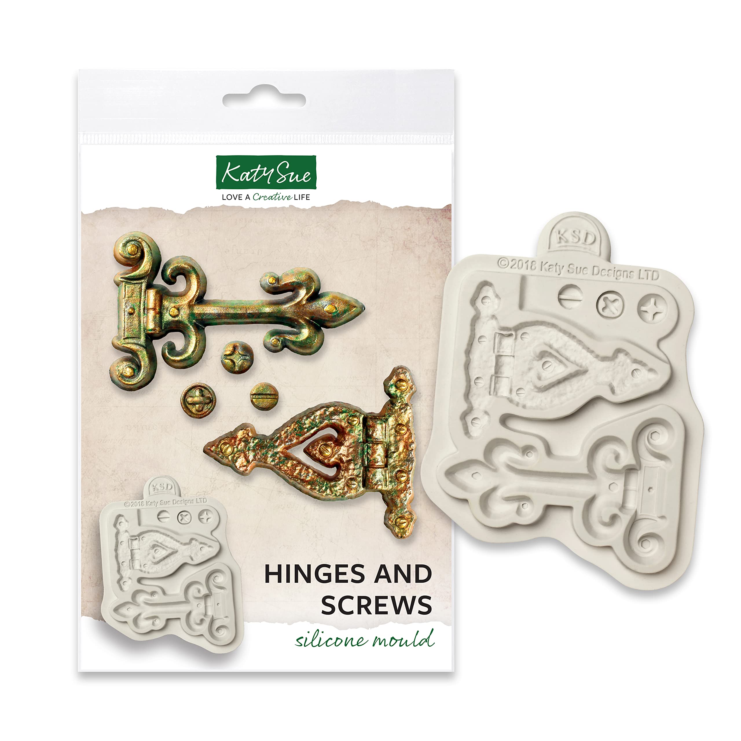 Katy Sue Hinges & Screws Silicone Mould for Cake Decorating & Crafts for Fondant & Air Dry Clay from Katy Sue Fondant Moulds. Hinges 60 x 50 and 70 x 45 Millimetres, Screws 90 Millimetres Diameter