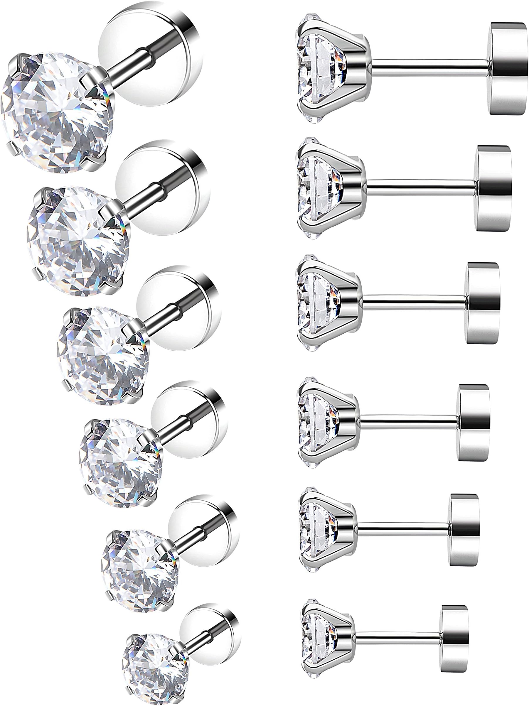 YOVORO 6-12 Pairs 18-20G Stainless Steel Stud Earrings for Men Women Cartilage Ear Piercings Helix Tragus Barbell 3-8mm