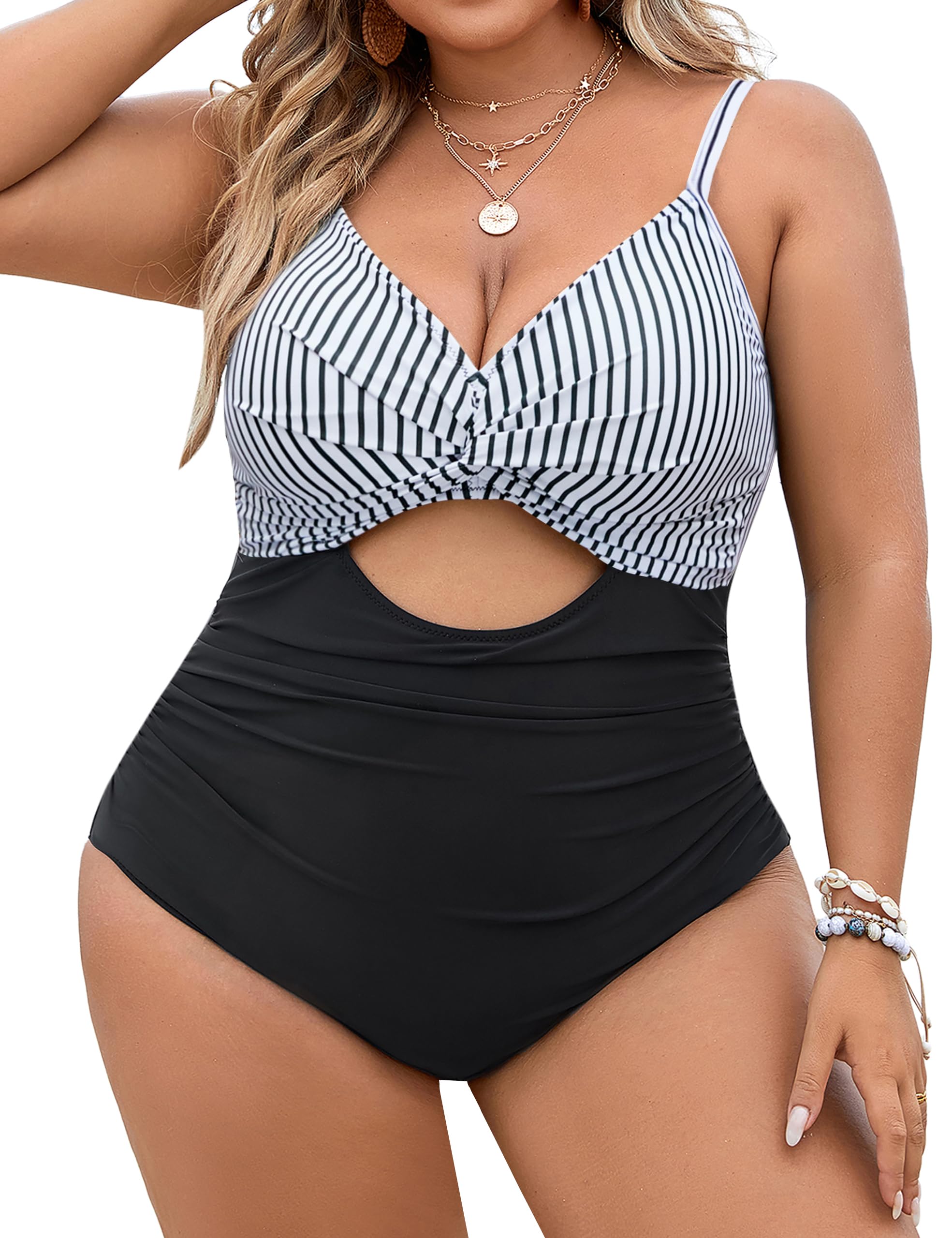 Photo 1 of Blooming Jelly Womens Plus Size Bathing Suit Tummy Control One Piece Swimsuits Fashion Twist Front Ruched Swimwear(XX-Large,Striped and Black)