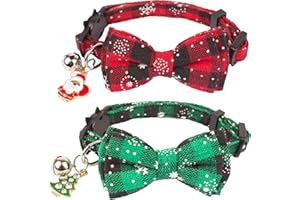 ADOGGYGO Christmas Cat Collar Breakaway with Bow Tie Bell - 2 Pack Red Green Plaid Xmas Kitten Collar with Removable Bowtie for Cats Kittens (7.5"- 10.5")