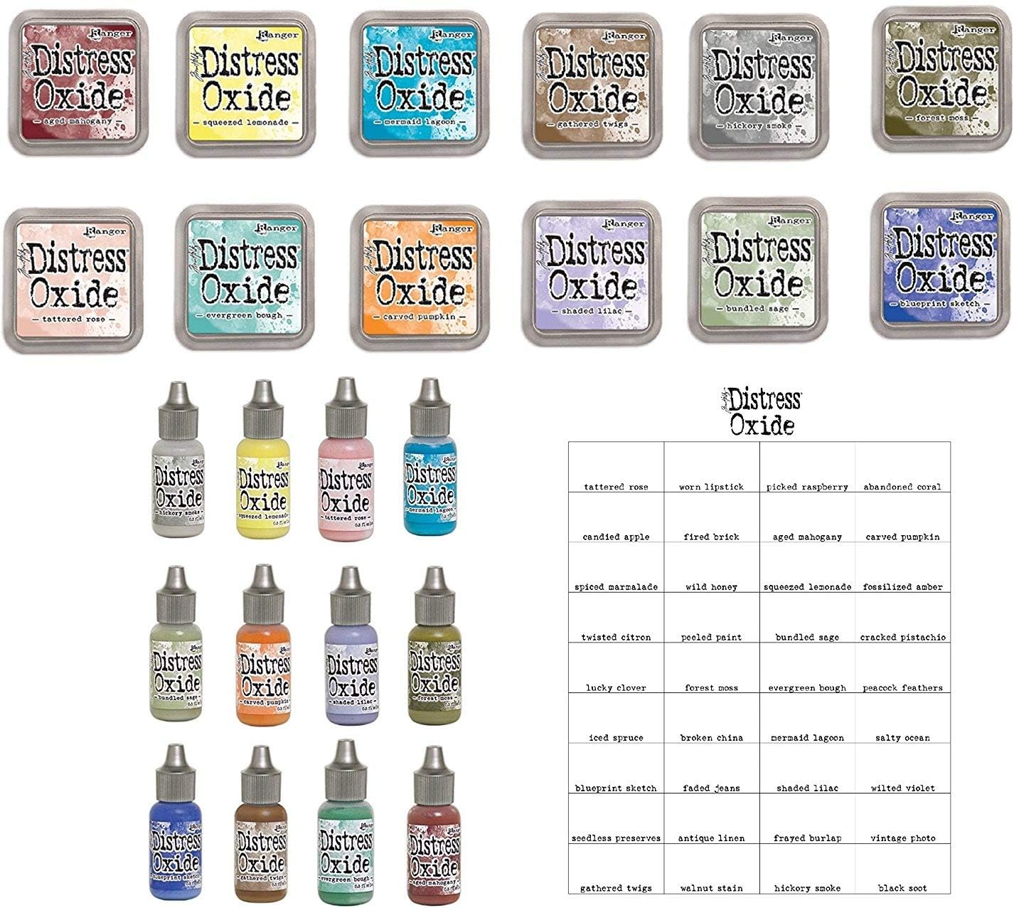 Tim Holtz and Ranger 2018 Release Distress Oxide Inks Bundle Includes 12 Distress Oxide Ink Pads, 12 Distress Oxide Ink Reinkers and Bonus Oxide Ink Color Chart, 25 Piece Bundle