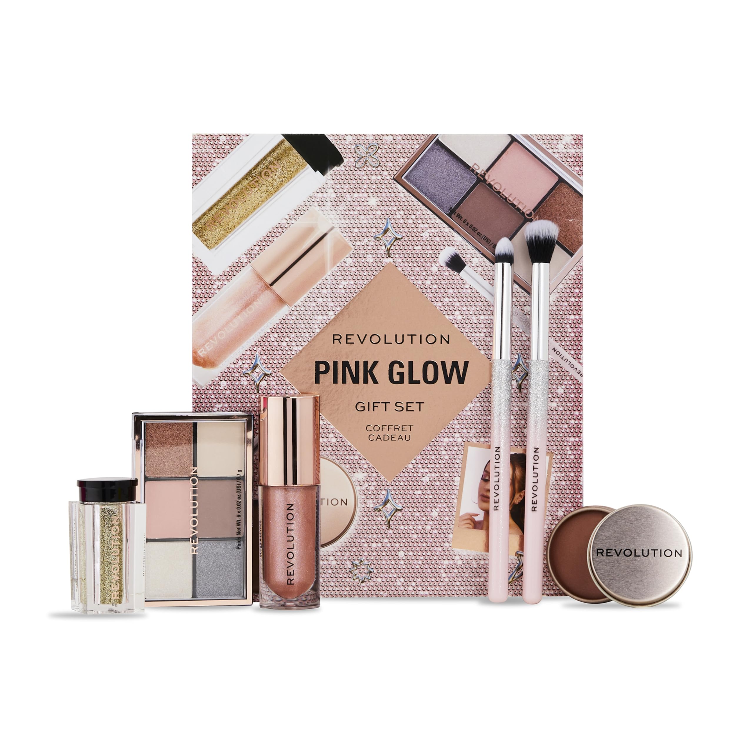 Revolution Beauty Pink Glow Get The Look Makeup Gift Set, 6-Piece Gift Set with Eye Brushes, Balm, Eyeshadow, Lip Shimmer, & Body Glitter, Cruelty-Free