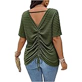 RoseSeek Women's Plus Size Drawstring Back Backless T Shirts V Neck Short Sleeve Textured Tees Casual Summer Tops