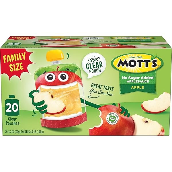 MOTT’S NO SUGAR ADDED APPLESAUCE, MADE FROM REAL FRUIT, NO ARTIFICIAL FLAVORS, 3.2 OZ CLEAR POUCHES, 20 PACK