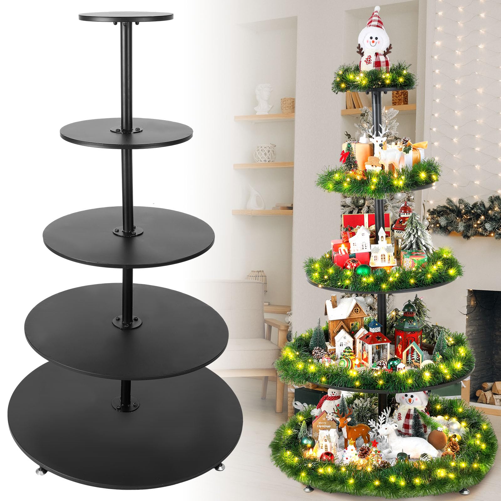 Photo 1 of Barydat 5 Tier 5ft/59 Inches Christmas Village Display Stand Metal Christmas Village Tree DIY Holiday Xmas Trees Display Shelves Xmas Platform Bookshelf for Party Holiday Office Home Decoration