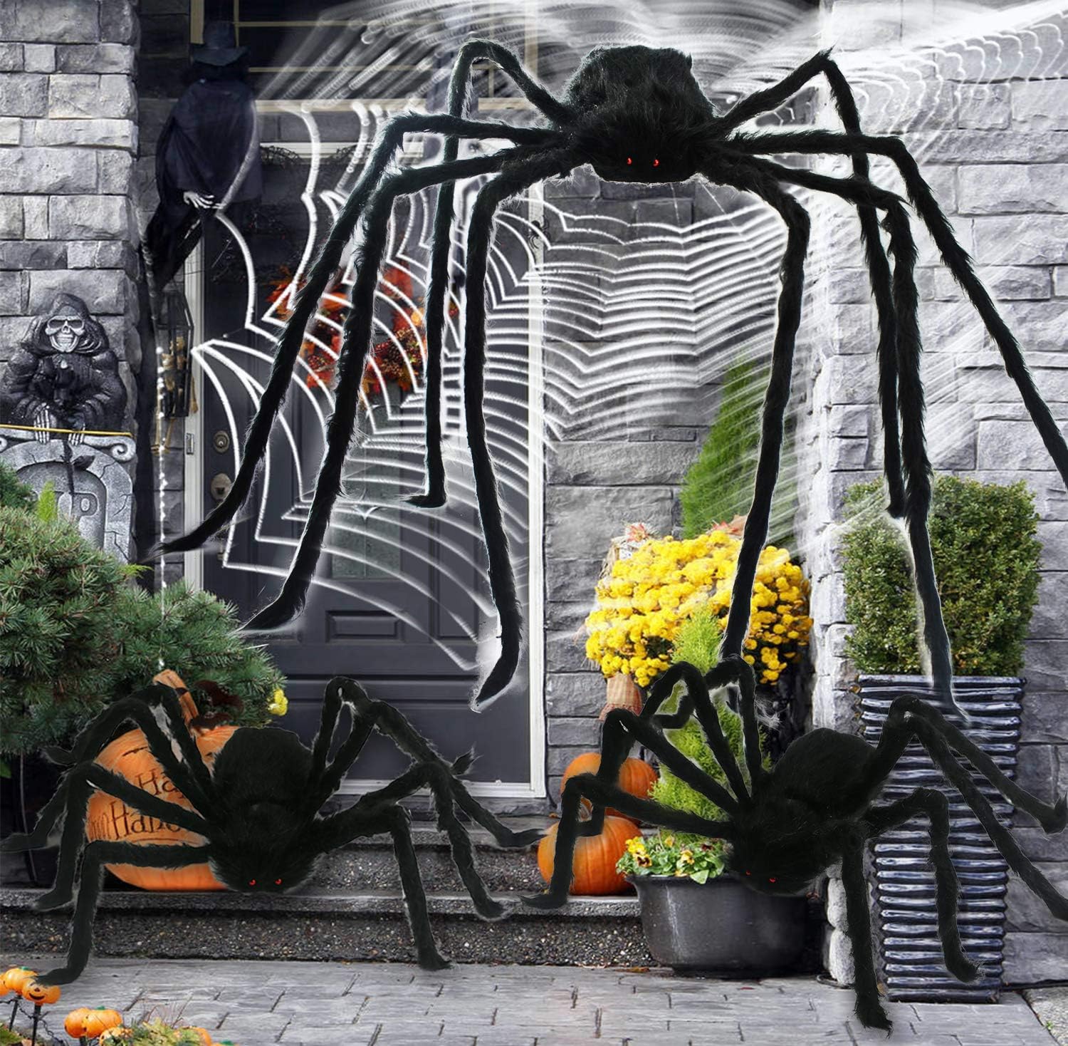 3 Pack Halloween Realistic Spider Decoration Set, Scary Hairy Giant Spiders with Red Eyes and Bendable Legs for Patio, Yard, House, Wall Outdoor Decoration 5 FT and 3 FT (1 pc 59’’ and 2 pcs 35.4’’): Home & Kitchen