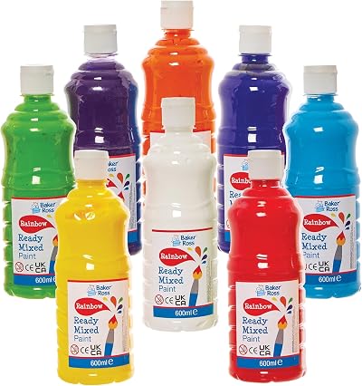 Baker Ross FN167 Rainbow Ready Mixed Paints 8 x 600ml Squeezy Bottles