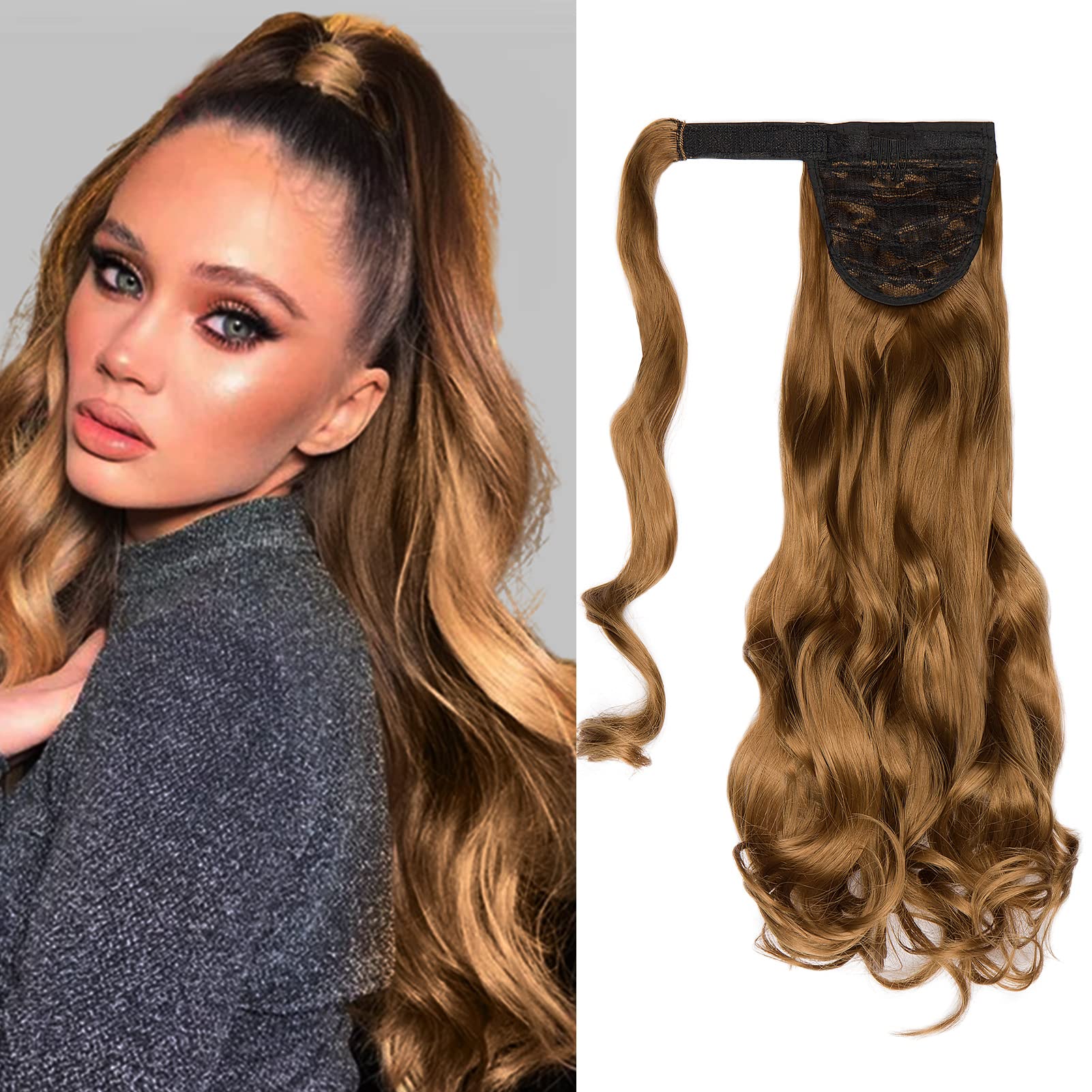 Cybelleza Ponytail Extension Curly Wavy Wrap Around Pony Tail Clip in Hair Extensions Hairpiece Synthetic Long for Women (Dark Blonde)