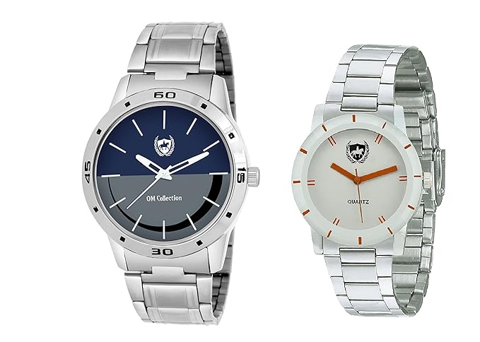 Om Collection Couple White and Blue Dial with Stainless Steel Strap Watches Combo Set of 2 Pcs-omwp-2