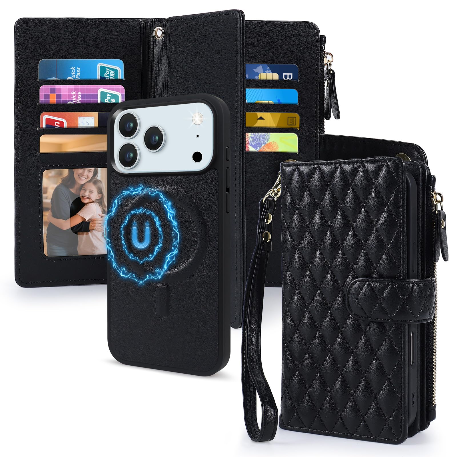 Harryshell 2 in 1 for iPhone 17 Air Wallet Case Magnetic Compatible with Magsafe RFID Blocking Card Holder Detachable Phone Cover Zipper Purse Kickstand Wrist Strap for Men Women Quilted Black