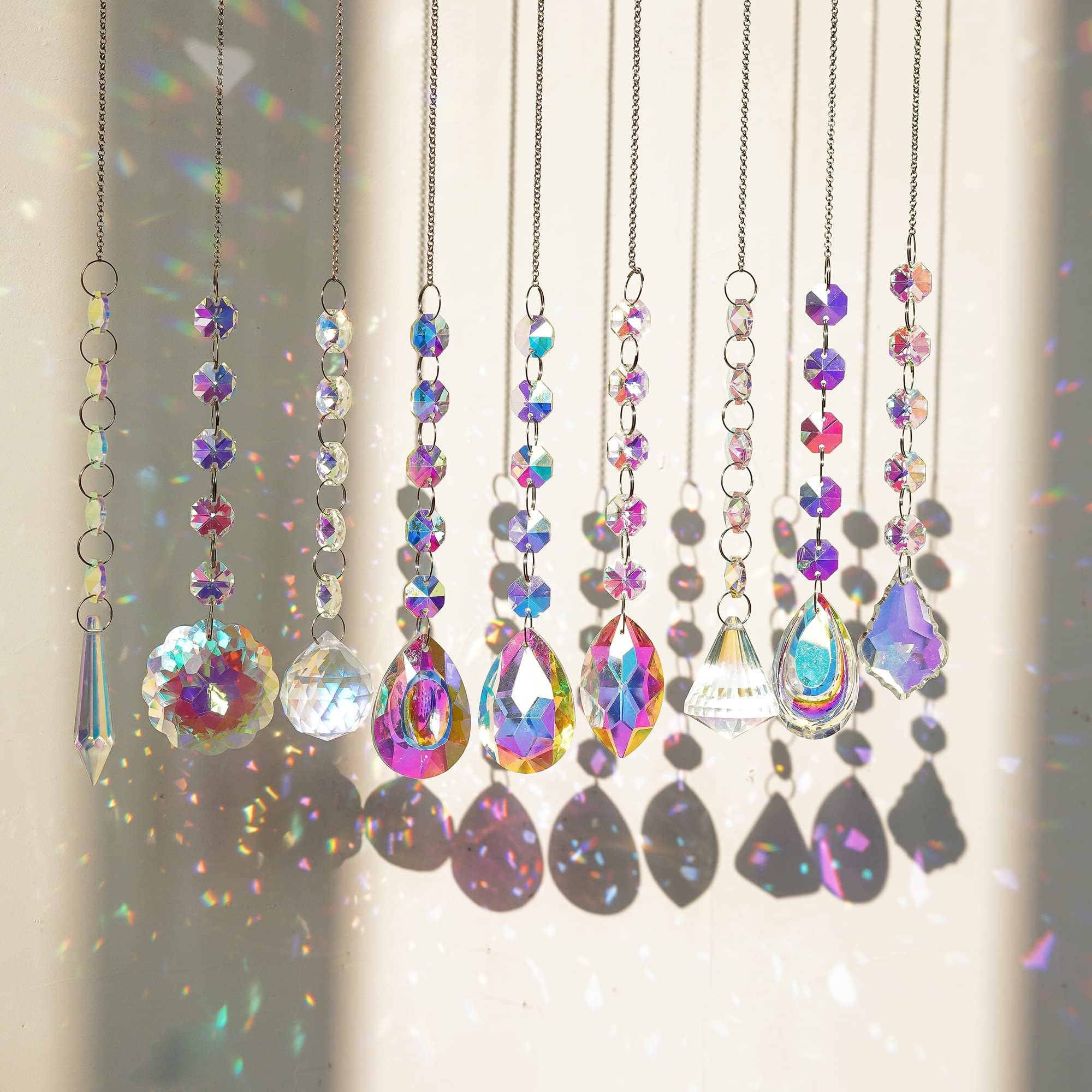 9 PCS Crystal Rainbow Suncatchers, Hanging Glass Prism Rainbow Maker Sun Catcher for Window, Colorful Pendant for Home Decor