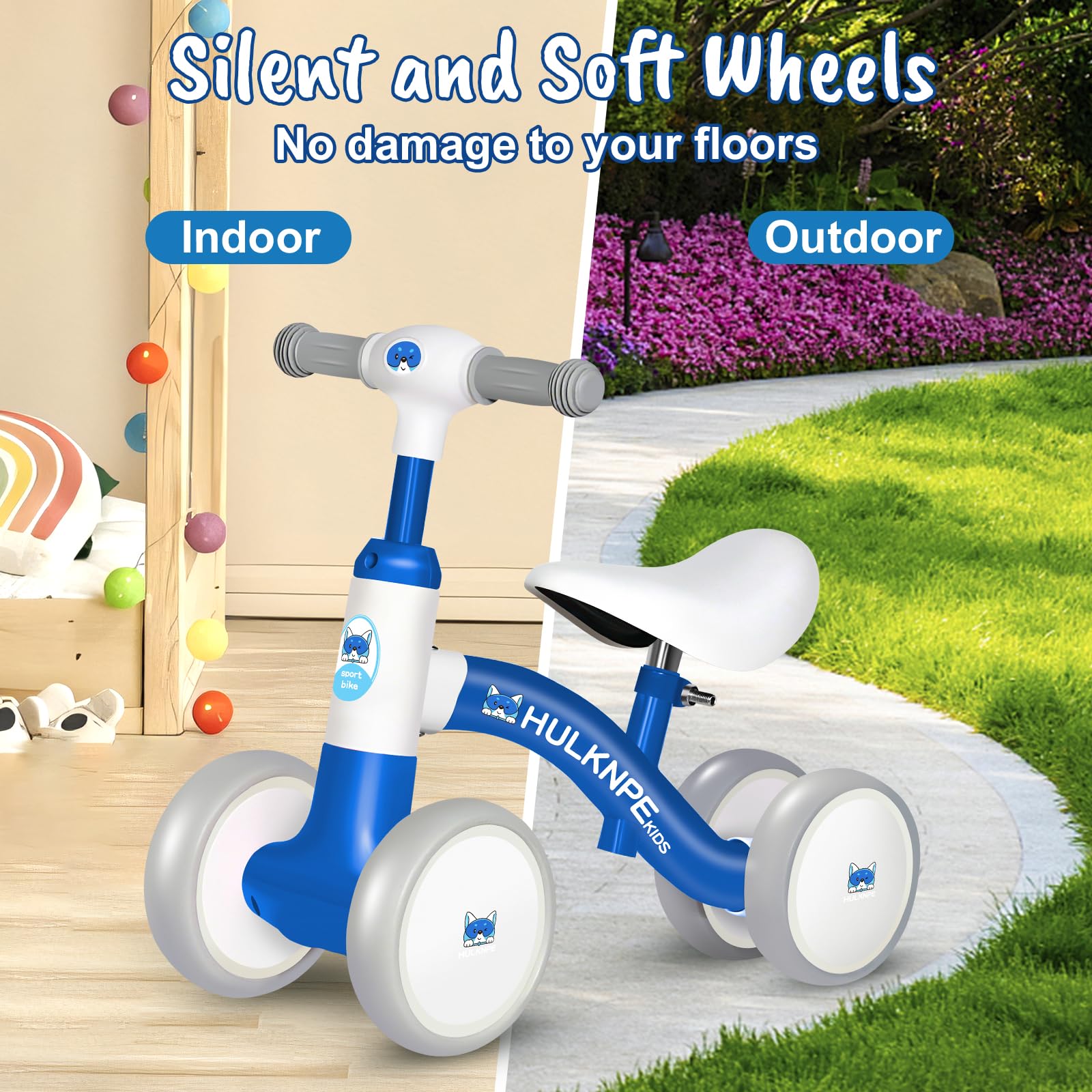 HULKNPE Baby Balance Bike for 1 Year Old Boys Girls, 12-24 Month Toddler Balance Bike with 4 Wheels, Adjustable Seat & Handlebar, First Birthday Gifts