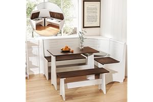 KOBY HOME Breakfast Nook Kitchen Corner Dining Table Bench Chair Set, Space-Saving 3-4 Seat L-Shape for Farmhouse Family Home White Brown Wood