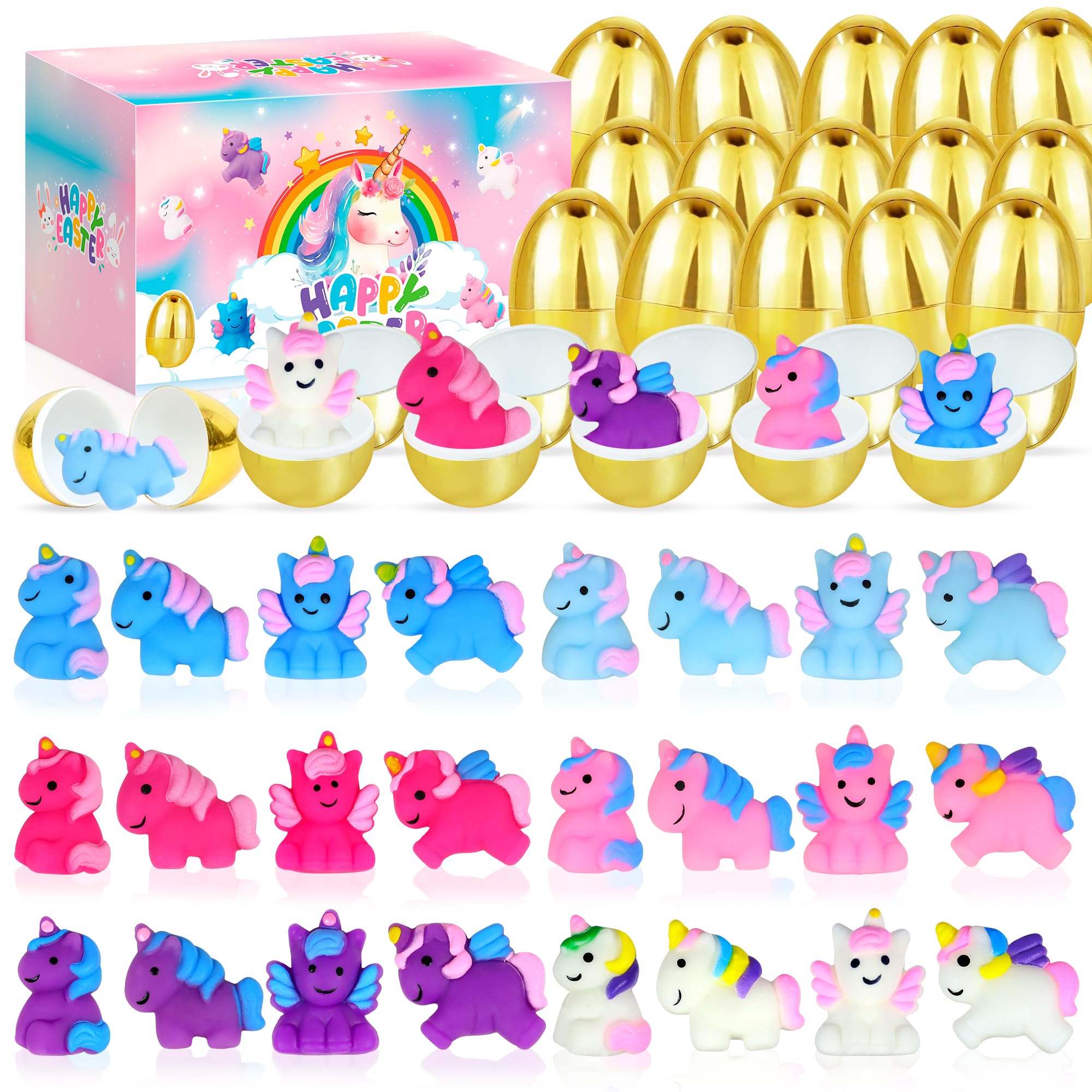 Photo 1 of 24 Pcs Prefilled Easter Eggs with Mochi Squishy Toys, Easter Eggs Filled Soft Unicorn, Squeeze Stress Reliever Squishies Toy for Easter Basket Stuffers Filler Kids Party Favor Toddler Classroom Prize