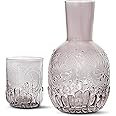 elle decor 2 Pc Carafe Set | Bedside Night Water Carafe | Glass Pitcher and Cup that Doubles as a Lid | Glass Tumbler Perfect for Storing Water, Juice, and Other Drinks on Desktop/Shelf (Gray)