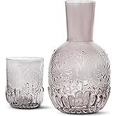 elle decor 2 Pc Carafe Set | Bedside Night Water Carafe | Glass Pitcher and Cup that Doubles as a Lid | Glass Tumbler Perfect for Storing Water, Juice, and Other Drinks on Desktop/Shelf (Gray)