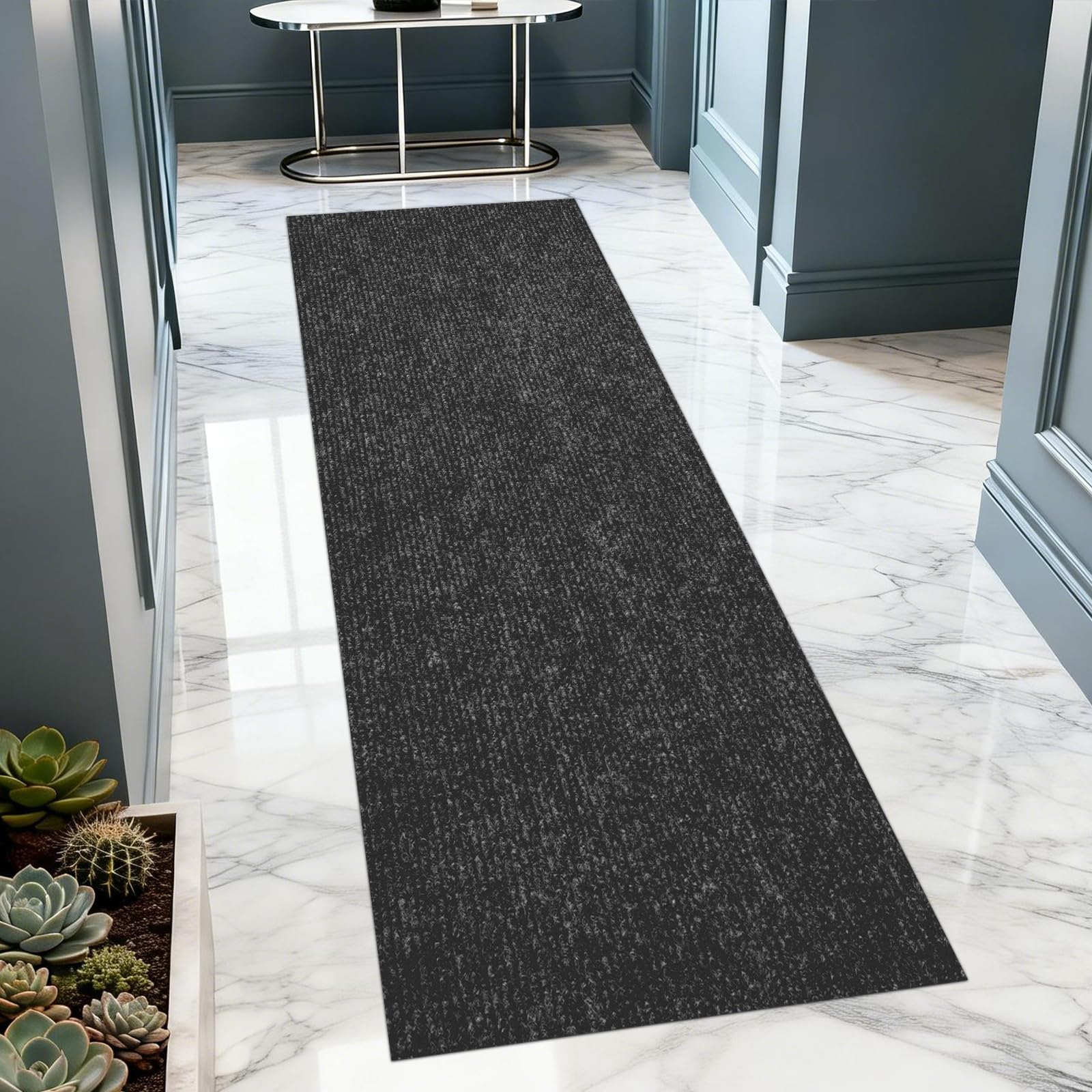 Photo 1 of 2x6 ft Outdoor Runner Rug, Non-Slip Indoor Outdoor Carpet Runner with TPR Backing, Waterproof Mat for Hallway, Kitchen, Patio, Garage, Deck, Entryway, Black Fine Stripes