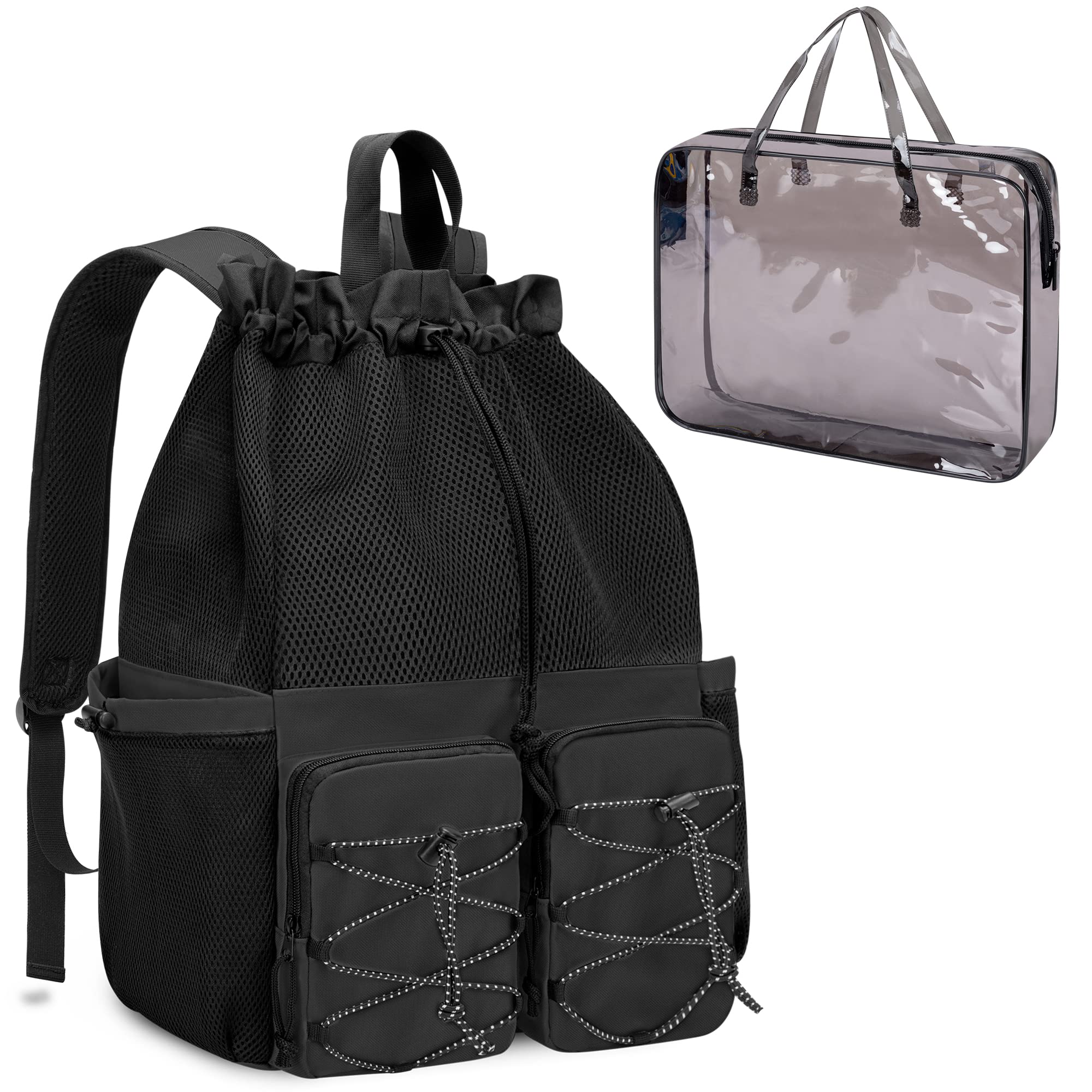 Fasrom Mesh Beach Backpack with Waterproof Bag and Pocket, Large Drawstring Swim Bag Backpack for Travel, Gym and Pool Sports, Black (Patent Design)