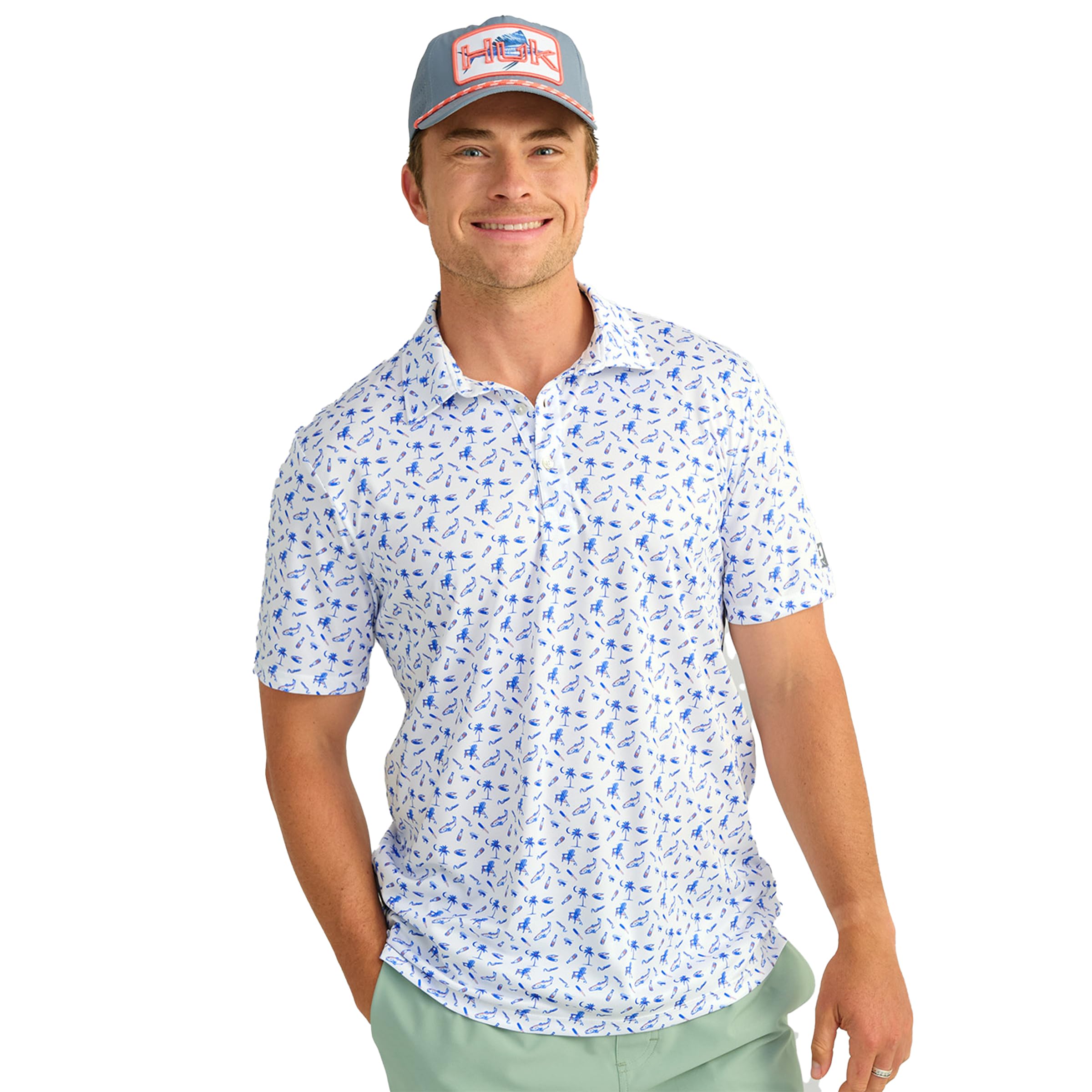 HUK Men’s Standard Pursuit Pattern, Performance Short Sleeve Polo Shirt, White 3.0