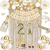 21st Birthday Decorations for Her, Champagne Gold Happy 21st Birthday Decorations for Girls, 21 Sash and Crown, Banner, Fringe Curtains, Hanging Paper Fans, 21 Year Old Party Supplies Set