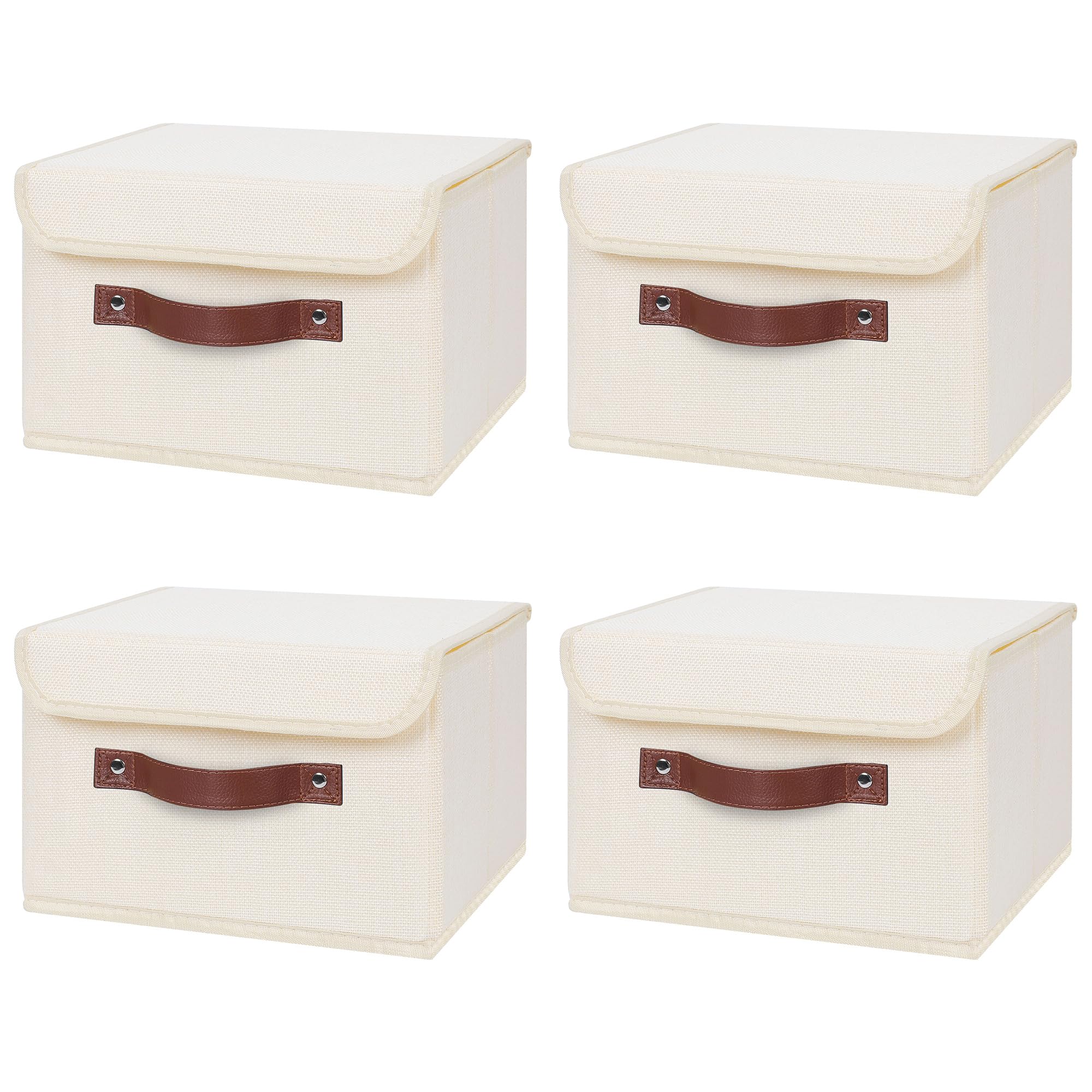 ANMINY 4PCS Storage Bins with Lid PU Leather Handles Storage Boxes PP Plastic Board Decorative Foldable Lidded Cotton Linen Fabric Home Cubes Baskets Closet Organizer Containers - Beige, Small Size Image
