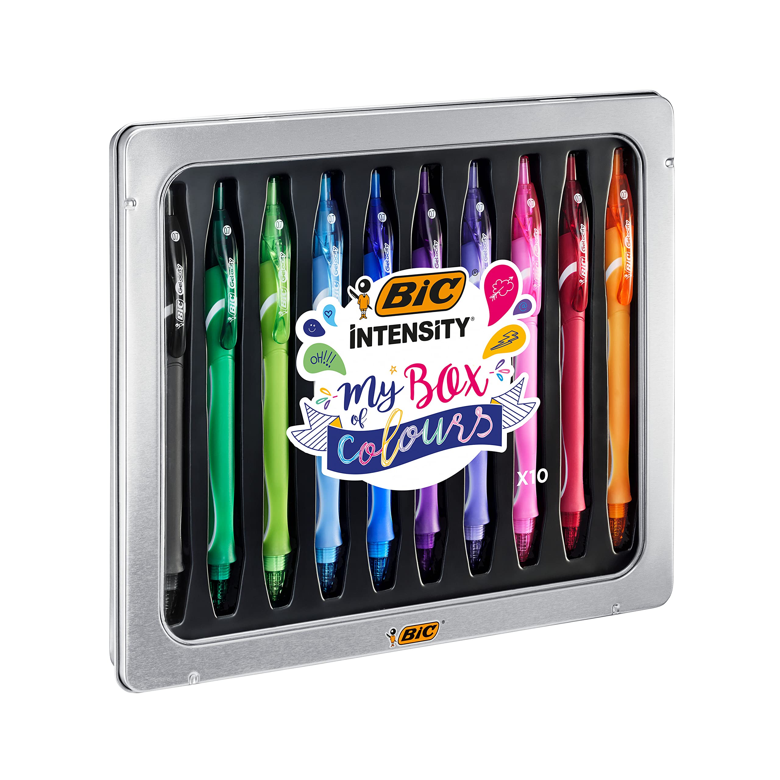 BIC Gel-ocity Quick Dry, Gel Ink Pens with Full Grip Barrel, Assorted Colours, in Metal Tin, My Box of Colours, Pack of 10