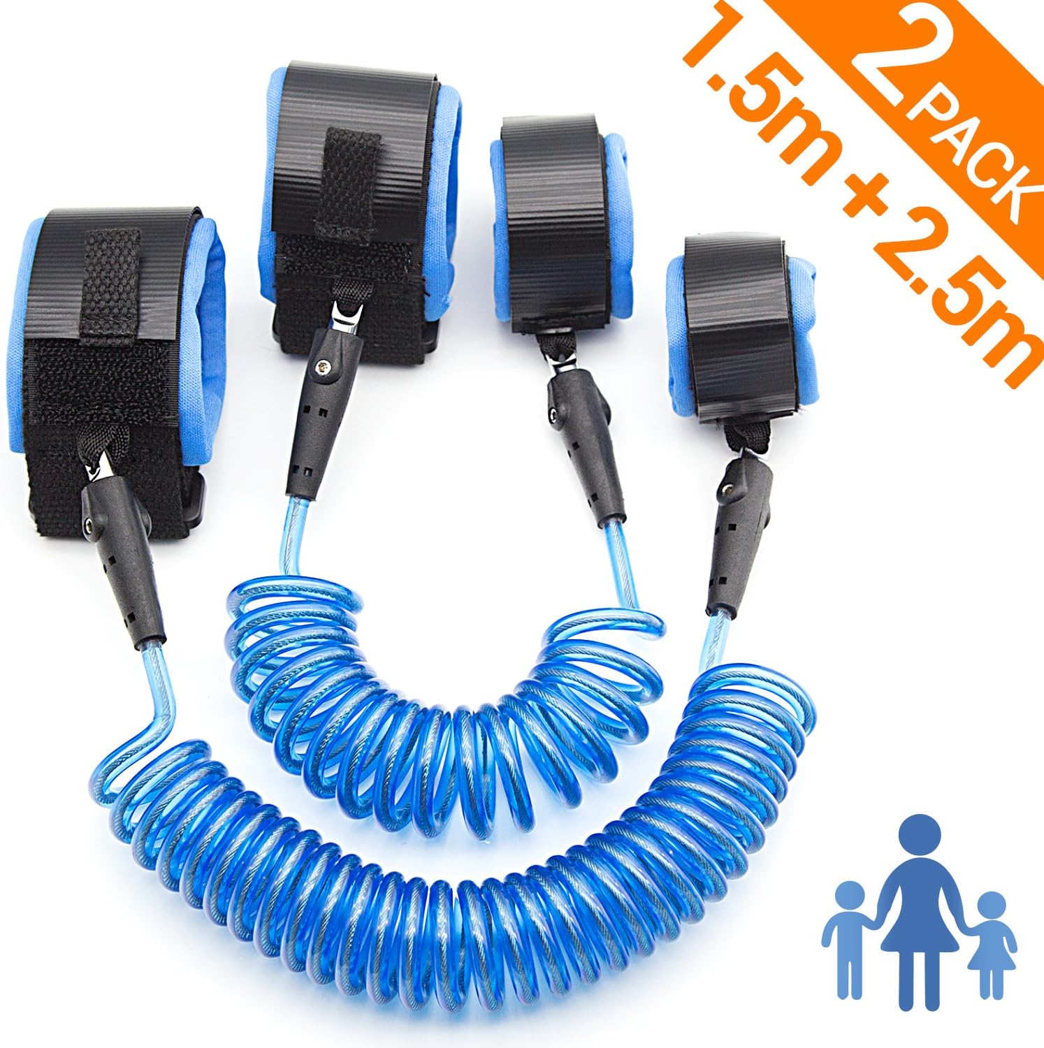 Child Safety Harness, Walking Hand Belt Anti Lost Safety Velcro Wrist Link Aolket 2-Pack(1.5m, 2.5m) Friendly Cotton Harness Strap Rope for Kids/Toddler - Blue