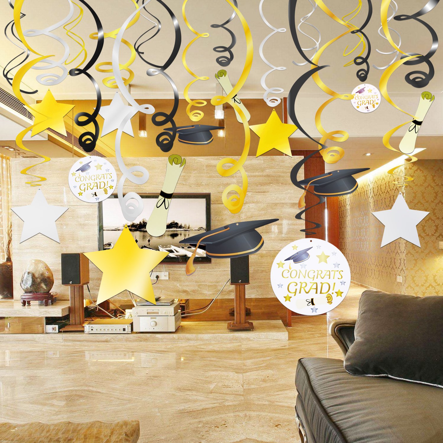 Andiker 8 Spirali Decorative Per Compleanno - Nero E Oro 70cm (con Numeri 18 E Stelle)
