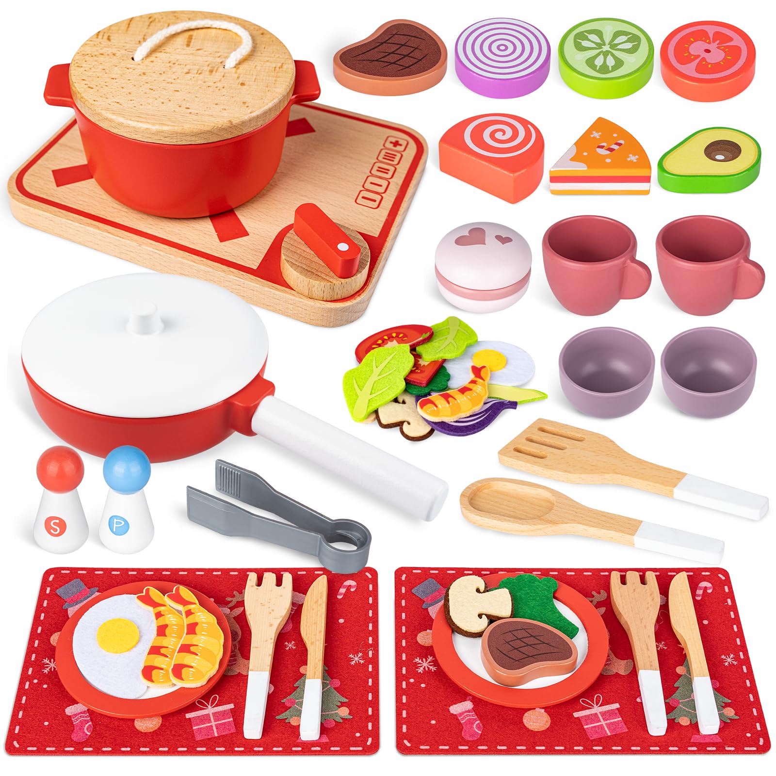 Christmas Advent Calendar Gifts for Kids, Commodum Kids Wooden Play Cooking Set, Pretend Play Kitchen Accessories Toys, 24 Days Countdown Xmas Surprise Holiday Toddlers Girls Gifts Ages 3+