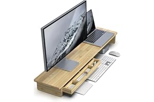 WELL WENG Bamboo Monitor Stand with Large Storage Drawer, 42 Inch Ergonomic Computer Riser for Desk, Screen Shelf with 5 Comp